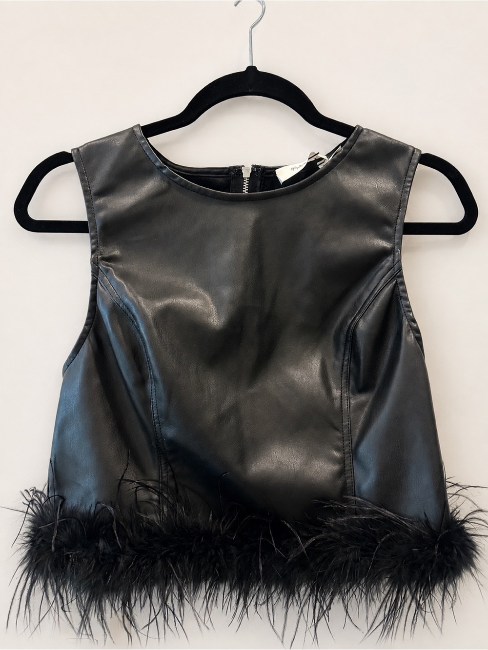 Mustard Seed Black Faux Leather Feather Trim Crop Tank